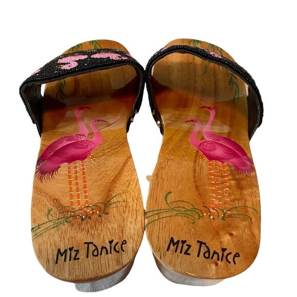 Miz Tanice Beaded & Painted Pink Flamingo Wood Slides in ladies Sz 8. - Picture 6 of 8